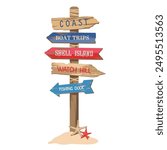Coastal beach signpost with arrows and inscriptions - the coast, boat trips, shell island, fishing dock. Marine coastal wooden pointer with arrows. Illustrated vector clipart.