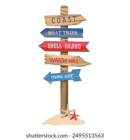 Coastal beach signpost with arrows and inscriptions - the coast, boat trips, shell island, fishing dock. Marine coastal wooden pointer with arrows. Illustrated vector clipart.