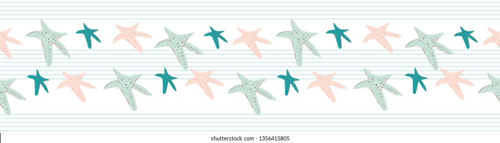 Coastal, beachy starfish seamless border. Turquoise pinstripes and sea stars on a white background. Seamless vector design with fresh clean look for vacation, beach wedding, resort and spa ideas.