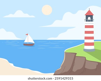 Coastal Beacon and Sailing: A serene coastal illustration features a striped lighthouse standing proudly on a cliff, overlooking a sailing boat in the calm sea, with a bright sun and fluffy clouds.