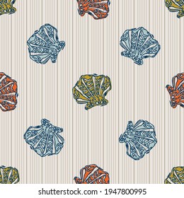 Coastal block print shell seamless pattern. Marine seashell printed background for interior textiles. Modern trendy maritime fashion all over design. Bold isolated motif on stripe repeat vector

