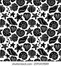 Coastal Boho Wave Pattern. Monochrome Sea Coral Shape Background. Abstract Seashell Ornament. Underwater Vector Seamless Pattern. Organic Summer Ocean Print for Textile, Wrapping Paper. Tropical Bg.