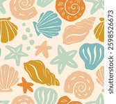 Coastal Boho Wave Pattern. Sea Coral Shape Background. Abstract Seashell Texture Ornament. Underwater Vector Seamless Pattern. Organic Summer Ocean Print for Textile, Wrapping Paper. Tropical Bg.