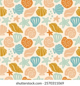 Coastal Boho Wave Pattern. Sea Coral Shape Background. Abstract Seashell Texture Ornament. Underwater Vector Seamless Pattern. Organic Summer Ocean Print for Textile, Wrapping Paper. Tropical Bg.