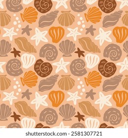 Coastal Boho Wave Pattern. Sea Coral Shape Background. Abstract Seashell Texture Ornament. Underwater Vector Seamless Pattern. Organic Summer Ocean Print for Textile, Wrapping Paper. Tropical Bg.