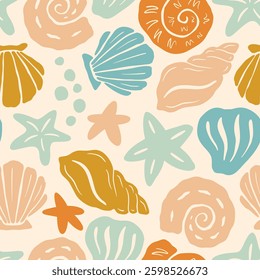 Coastal Boho Wave Pattern. Sea Coral Shape Background. Abstract Seashell Texture Ornament. Underwater Vector Seamless Pattern. Organic Summer Ocean Print for Textile, Wrapping Paper. Tropical Bg.