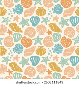 Coastal Boho Wave Pattern. Sea Coral Shape Background. Abstract Seashell Texture Ornament. Underwater Vector Seamless Pattern. Organic Summer Ocean Print for Textile, Wrapping Paper. Tropical Bg.