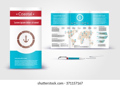 Coastal brochure. Color application booklet template design for corporate identity with statistics and infographics. Cover layout and infographics. Business stationery.