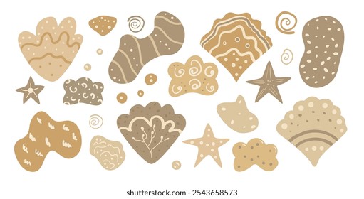 Emblema circular costeiro. Conchas, estrela-do-mar e formas de lodo abstrato ilustração desenhada à mão vetor.