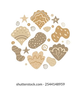 Coastal circular emblem. Seashells, starfish, and abstract shapes Vector hand drawn flat illustration.