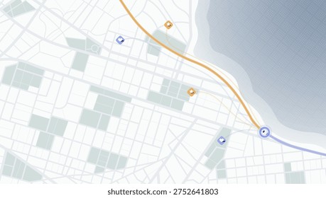 Coastal city map with navigation route along the beach. Vector illustration.