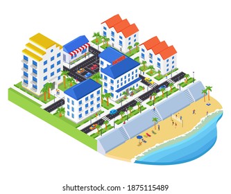 Coastal city - modern vector colorful isometric illustration. Urban landscape with a hotel, apartment houses, road with cars, people playing volleyball and sunbathing on the beach. Vacation idea