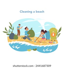 Coastal cleanup concept. Dynamic kids engage in beach cleaning, combining play with purpose to protect marine life and preserve natural beauty. Good will and help in ecology. Vector illustration