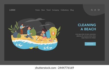 Coastal cleanup concept. Dynamic kids engage in beach cleaning, combining play with purpose to protect marine life and preserve natural beauty. Good will and help in ecology. Vector illustration