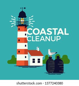 Coastal cleanup environment protection activity themed concept vector with caption, lighthouse and trash bin bags