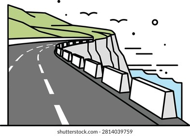 Coastal Cliff Road Vector Illustration with Sea View