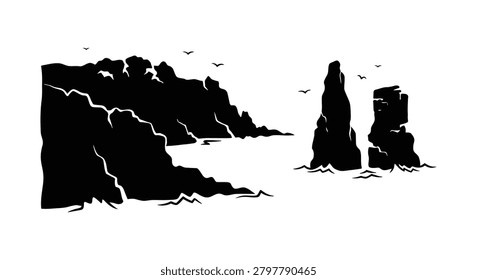 Coastal cliffs and rock formations with birds black and white silhouette coastline cliff rocks formation