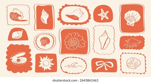 Coastal clipart set with lobster, wine, shells, flowers and waves hand-drawn summer elements in coral red frames for beach-themed design projects.