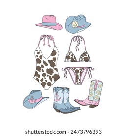 Coastal Cowgirl accessories vector clip-art set isolated on white. Cow printed swimming suit, cowboy hat, cowboy shoes illustrations.