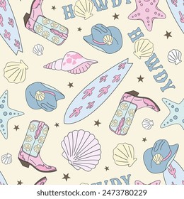 Coastal Cowgirl accessories vector seamless pattern. Howdy surfer background.