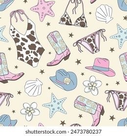 Coastal Cowgirl accessories vector seamless pattern. Howdy surfer background.