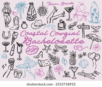 Coastal Cowgirl Bachelorette Party - Whimiscial Style illustration set, vector collection