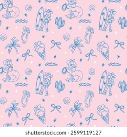 Coastal Cowgirl Seamless Pattern background Western Beach Girly Cowboy Aesthetic wallpaper Minimal Hand Drawn