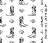 Coastal cowgirl seamless pattern featuring line art of cowboy boots and nautical shells for artistic expression and Western decor