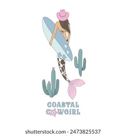Coastal cowgirl vector illustration. Howdy surfing mermaid pre-made card.