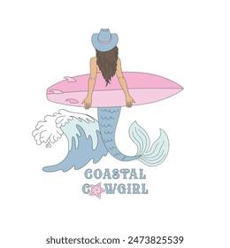 Ilustración vectorial de vaquera costera. Tarjeta prefabricada de la sirena del surf.