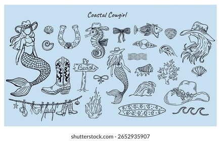 Coastal cowgirl vector illustration line art featuring nautical elements, cowboy hat, boots, horseshoe and western themes in a creative hand-drawn style