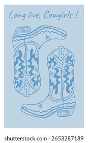 Coastal cowgirl vector illustration, line art featuring stylish cowboy boots adorned with nautical star designs, combining western charm with a nautical theme, perfect for coastal decor