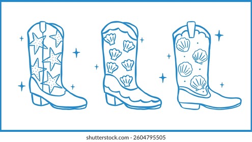 Coastal Cowgirl Western Cowboy boots Seashell outline playful hand drawn banner