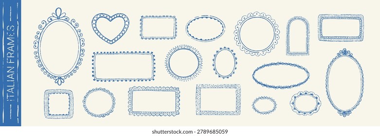  Coastal doodle border with Mediterranean charm. Hand-drawn wavy edge in pastel blue tones, perfect for invitations, postcards, or decorative designs. Vector illustration.