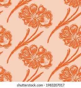 Coastal drawn floral block print seamless pattern. Marine 2 tone flower sketch printed background for interior textiles and modern trendy maritime fashion.  Bloom all over design vector repeat.
