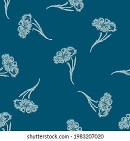 Coastal Drawn Floral Block Print Seamless Pattern. Marine 2 Tone Flower Sketch Printed Background For Interior Textiles And Modern Trendy Maritime Fashion.  Bloom All Over Design Vector Repeat.
