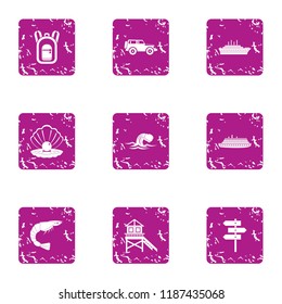 Coastal drive icons set. Grunge set of 9 coastal drive vector icons for web isolated on white background