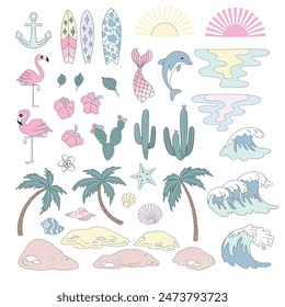 Coastal elements vector clip-art set isolated on white. Flamingo, dolphin, palm, cacti, ocean waves, sun, hibiscuses flowers, surfing boards, anchor illustrations.