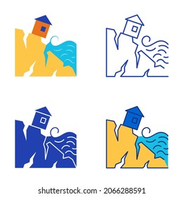 Coastal erosion icon set in flat and line style. Coast destruction by waves because of sea level rise. Vector illustration.