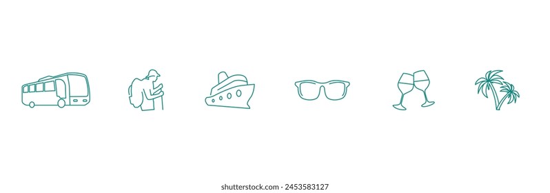 Coastal Excursion: Bus, Hiker, Cruise Ship, Sunglasses, Wine Glasses, Beach Vector Icons