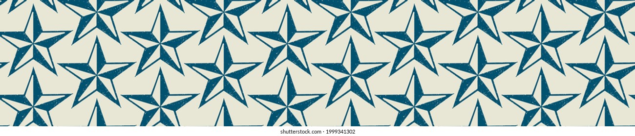 Coastal five pointed star drawn etching seamless border. Marine 2 tone seafaring printed background edge for interior textiles. Modern trendy maritime fashion. Sea life  design vector banner trim.
