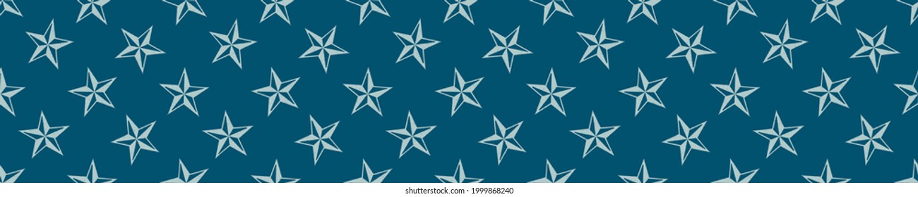 Coastal five pointed star drawn etching seamless border. Marine 2 tone seafaring printed background edge for interior textiles. Modern trendy maritime fashion. Sea life  design vector banner trim.
