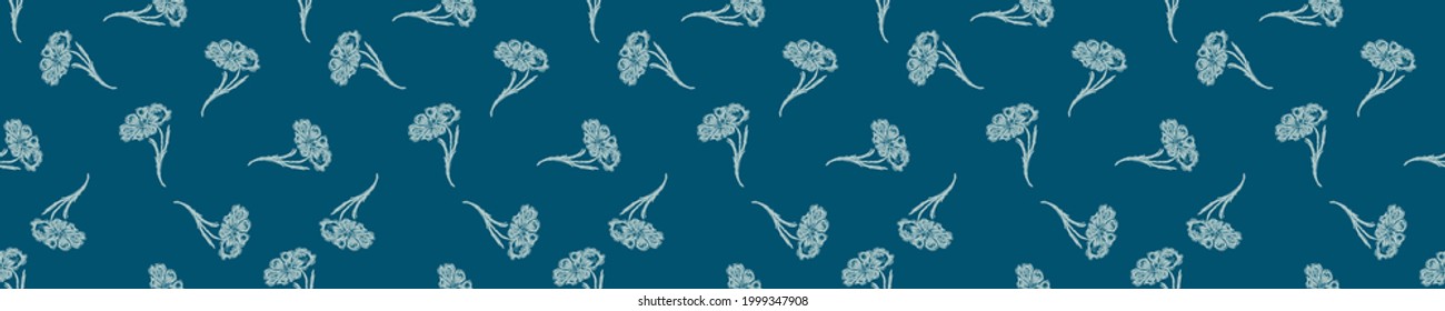 Coastal floral drawn etching seamless border. Marine 2 tone printed background edge for interior textiles and modern trendy maritime fashion. Flower motif  design vector banner trim.
