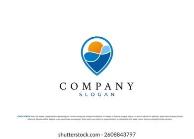 Coastal Getaway Logo Sun, Sea, and Location Pin Design