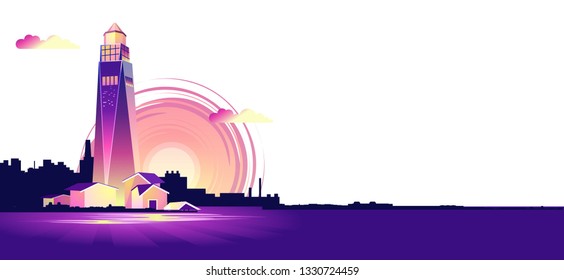 Coastal glowing lighthouse and sunset buildings on a white background isolated horizontal vector illustration, seascape