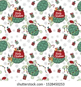 Coastal Holiday Turtle Santa Claus Christmas Party Seamless Vector Pattern 