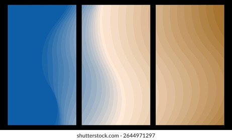 Coastal Horizon Gradients: Smooth Wavy Textures Blending Deep Ocean Blue, Sandy Beige, and Earthy Brown – Ideal for Travel Themes, Nature-Inspired Designs, and Serene Backgrounds.