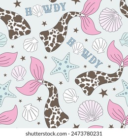 Coastal Howdy Mermaid vector seamless pattern. Ocean Western background.