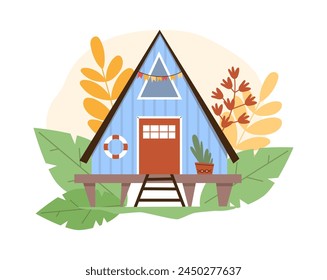 Cabaña costera. Ilustración vectorial de una casa de madera sobre zancos con un salvavidas sobre un fondo de follaje. Ideal para temas de viajes y pegatinas. Casa de playa sobre fondo aislado en estilo plano.