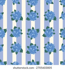 Conjunto de vetor sem emenda Gingham azul da coleção de padrões de hortênsia costeira